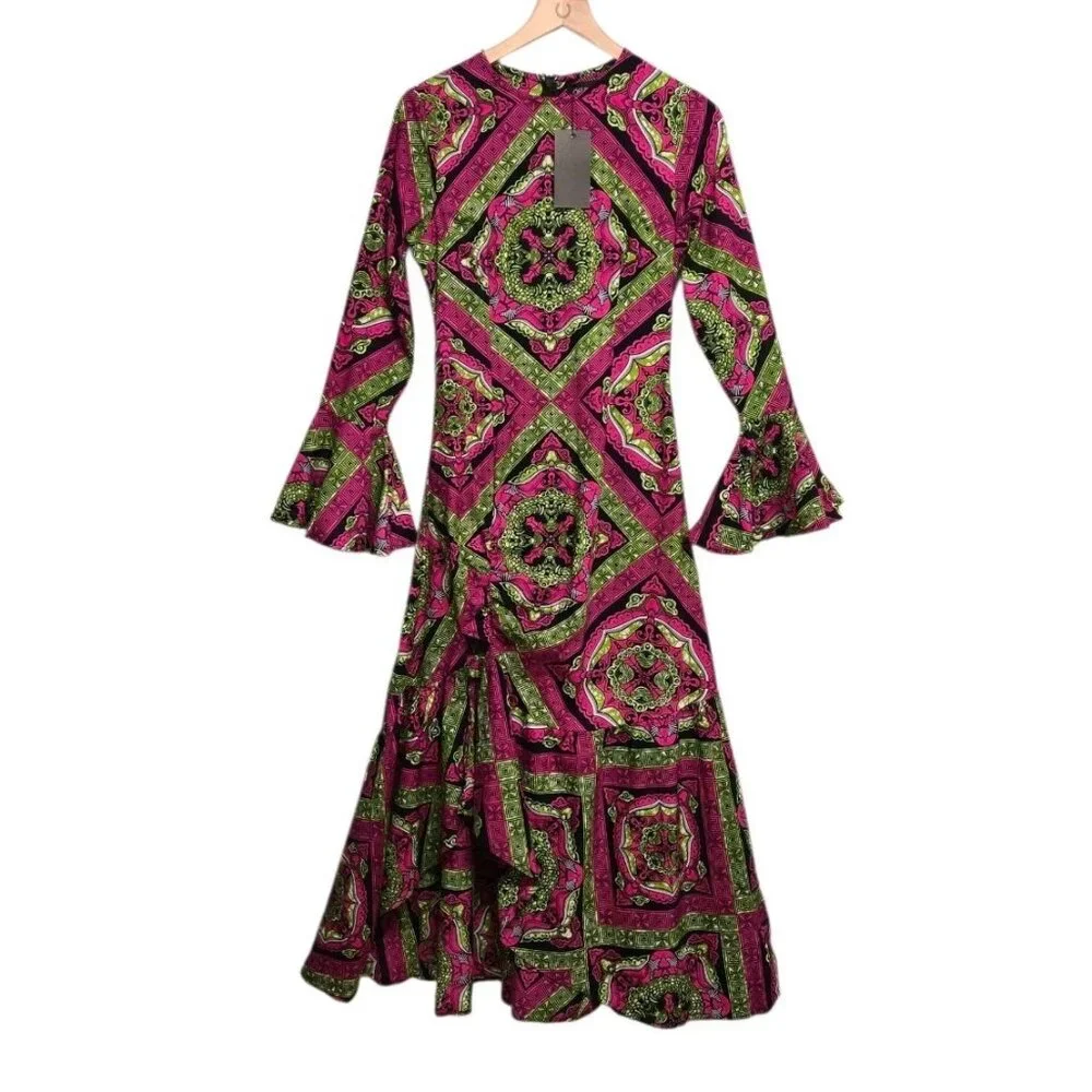 OFUURE Womens Large Pink Green African Print Colorful Maxi Dress Bell Sleeve - Picture 1 of 7